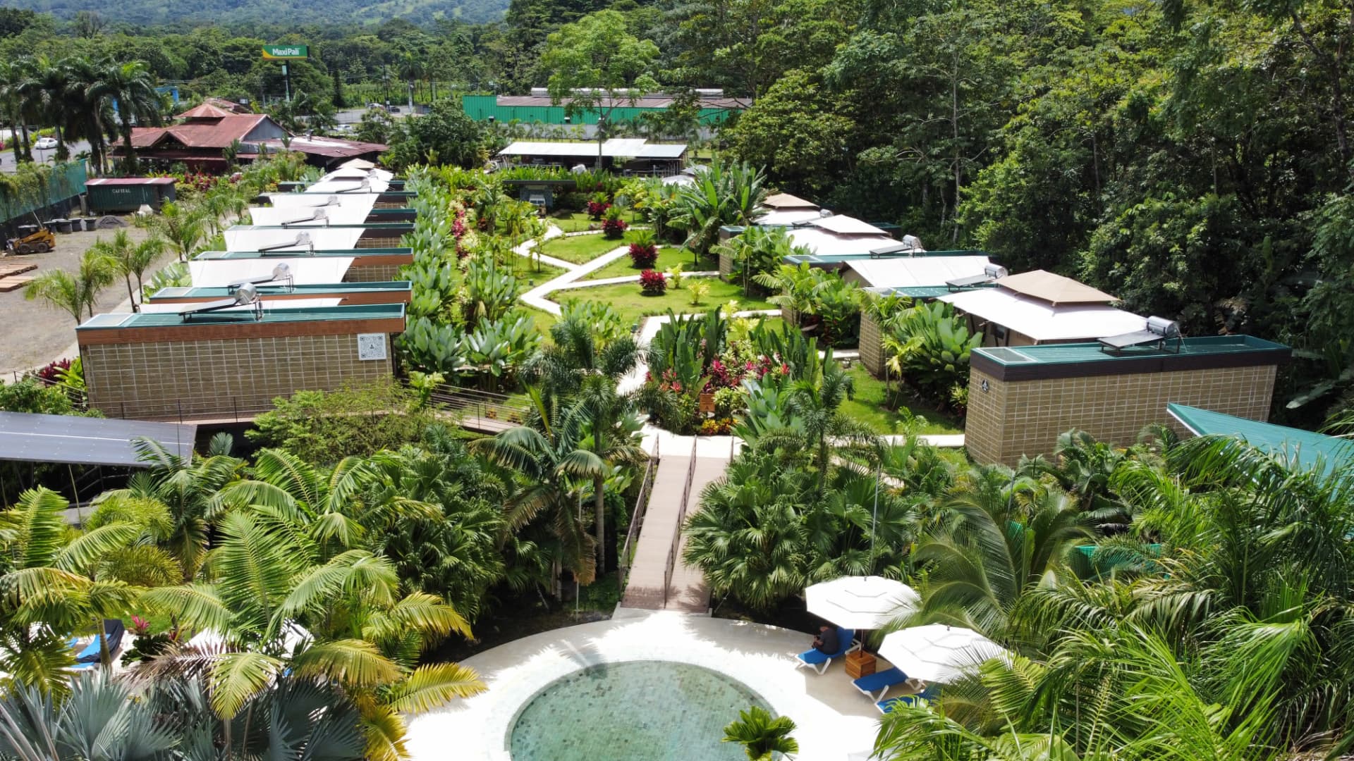 Aerial view of the tented suites and gardens