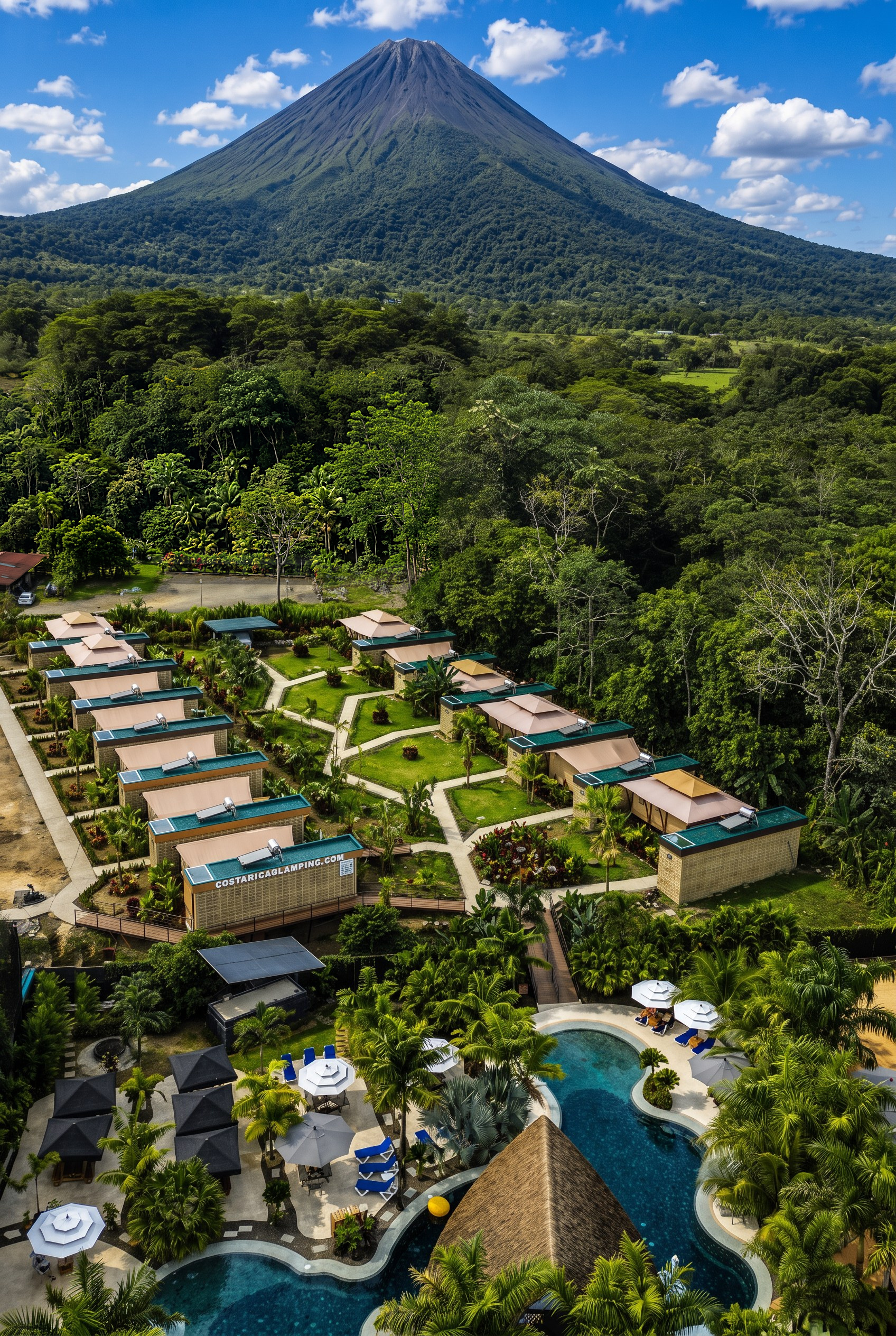 Aerial view of SELVA Tented Camp with Arenal Volcano in the background, La Fortuna, Costa Rica