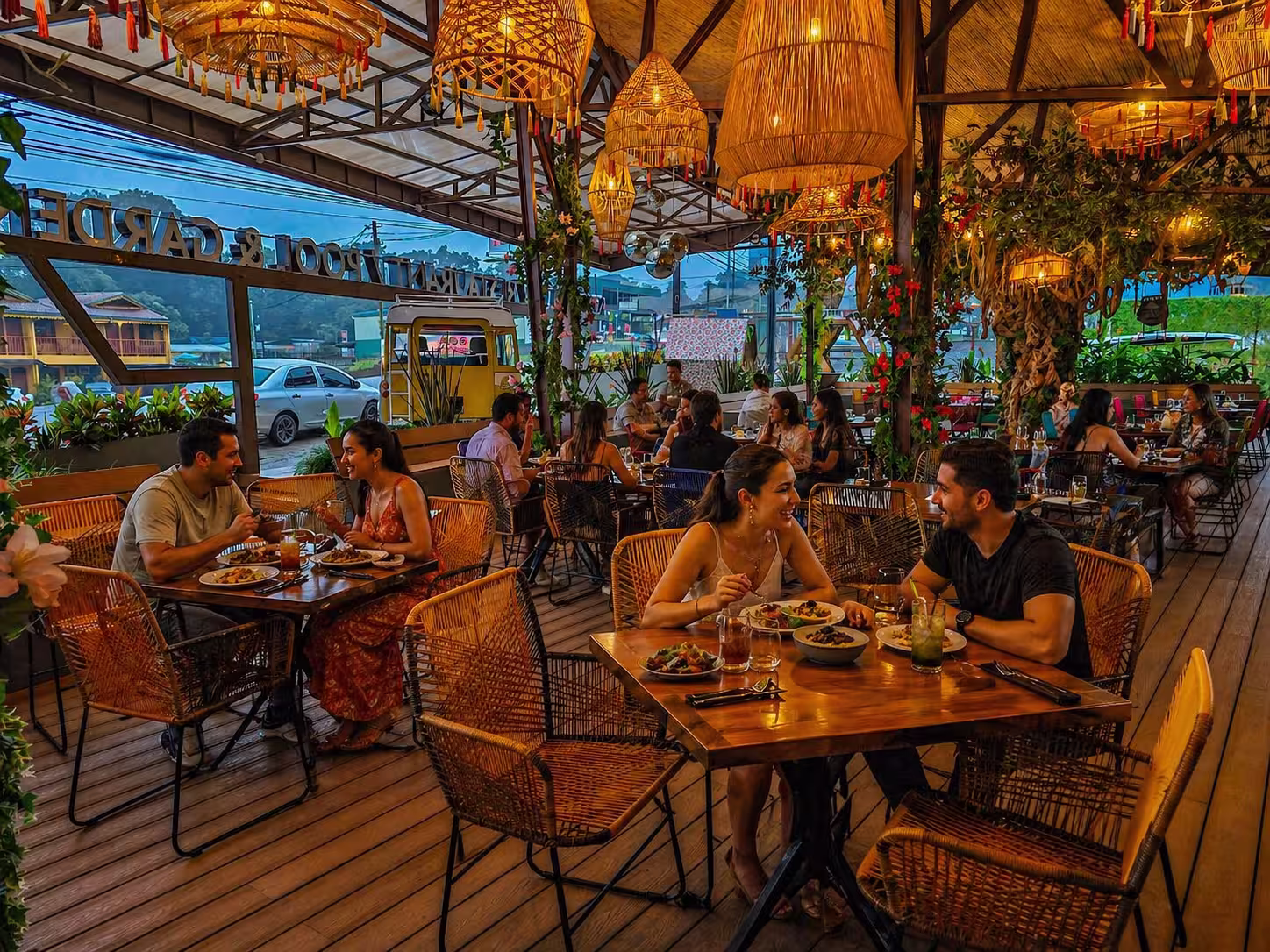 Kenko Bar & Grill at night with string lights